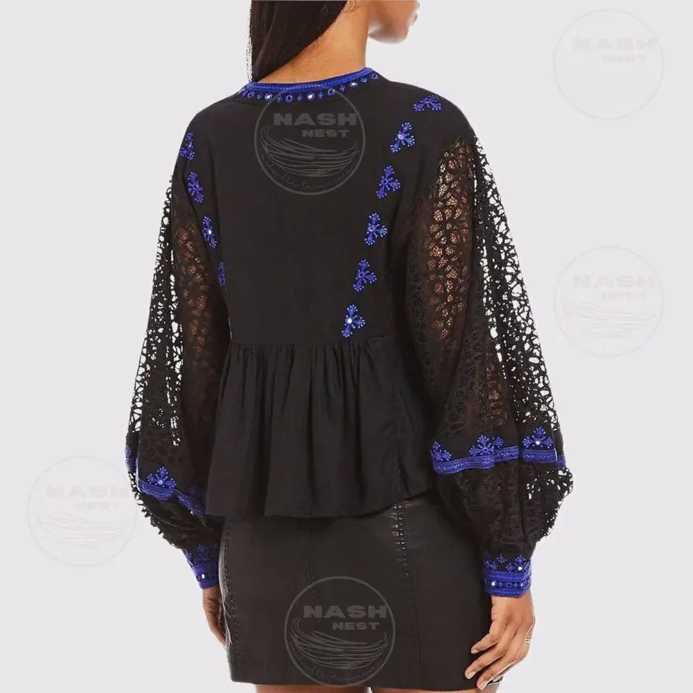 Free People M Boogie All Night Peasant Blouse | Black Lace, Blue Embroidery